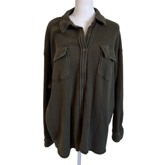 Aerie Waffle Shirt Large Green LumberJane Casual Oversized Shacket Size Small - Picture 1 of 12
